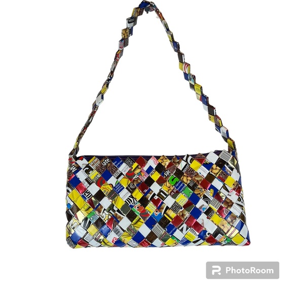 Vintage Handbags - Vintage Y2K Candy Wrapper Purse Recycled Spanish Language Text Multicolor